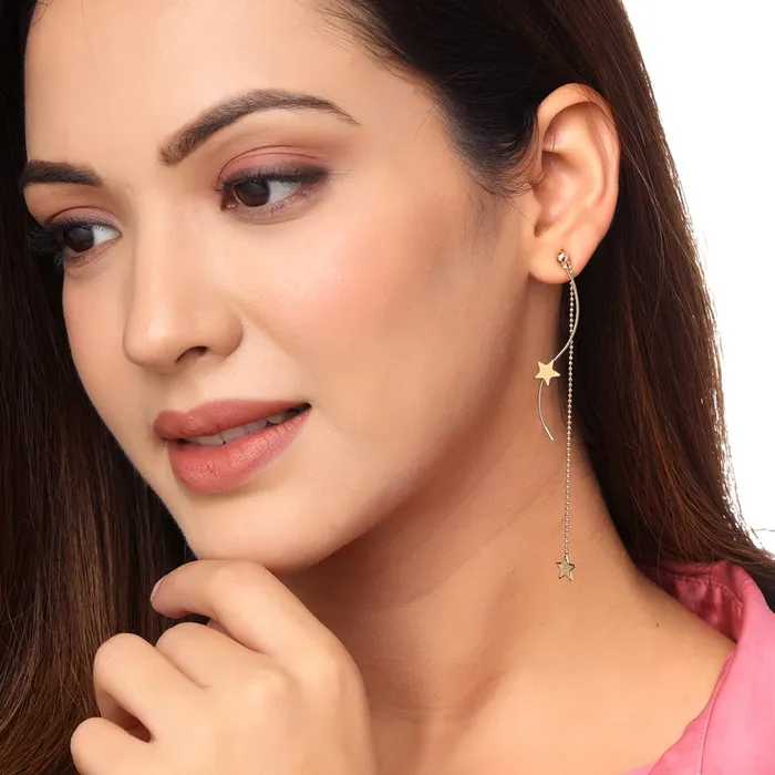 Yellow Chimes Necklaces Yellow Chimes Earrings For Women Gold Tone White Color Floret Shape Stud With Long Crystal and Pearl Studded Double Chain Dangle Earrings For Women and Girls