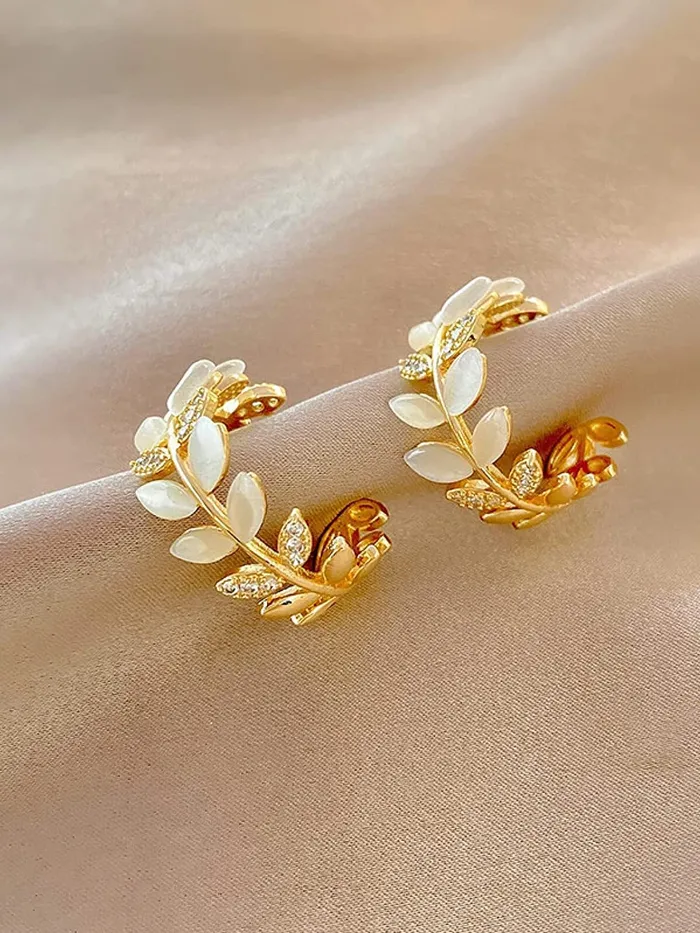 Yellow Chimes Necklaces Yellow Chimes Earrings For Women Gold Toned Leaflet Designed Crystal Stone Studded Half Bali Clip On Hoop Earrings For Women and Girls