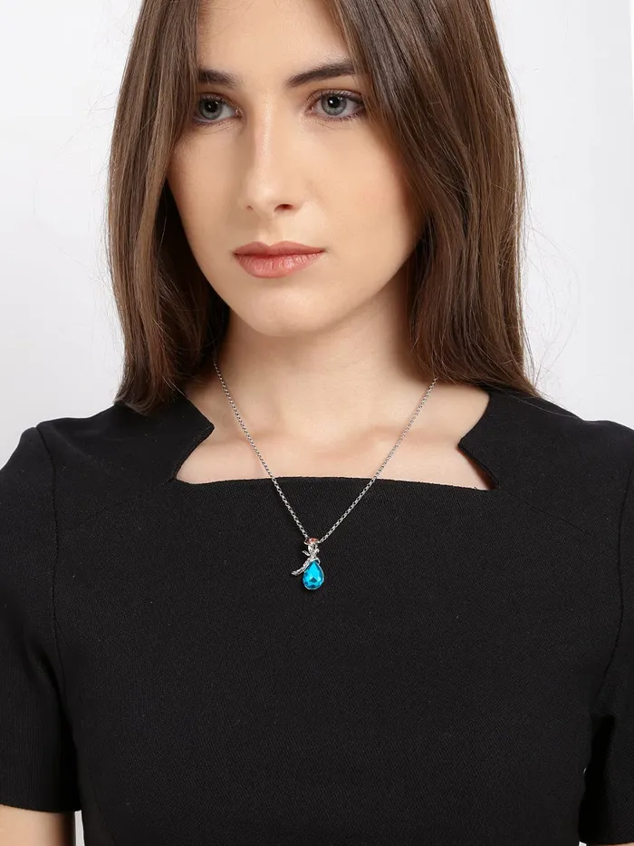 Yellow Chimes Necklaces Yellow Chimes Elegant Latest Fashion Silver Toned Blue Flower Crystal Designer Pendant Set for Women and Girls silver blue medium