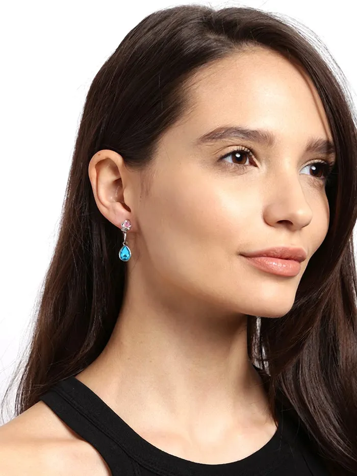 Yellow Chimes Necklaces Yellow Chimes Elegant Latest Fashion Silver Toned Blue Flower Crystal Designer Pendant Set for Women and Girls silver blue medium