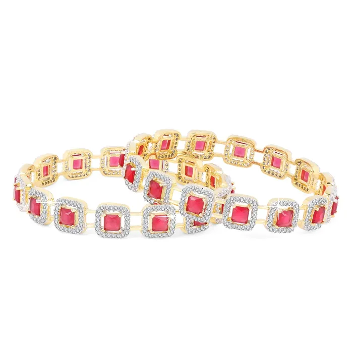 Yellow Chimes Necklaces Yellow Chimes Elegant Set of 2 Pcs Pink ADAmerican Diamond Studded 18k Gold Plated Handcrafted Ruby Bangles for Women Girls 28