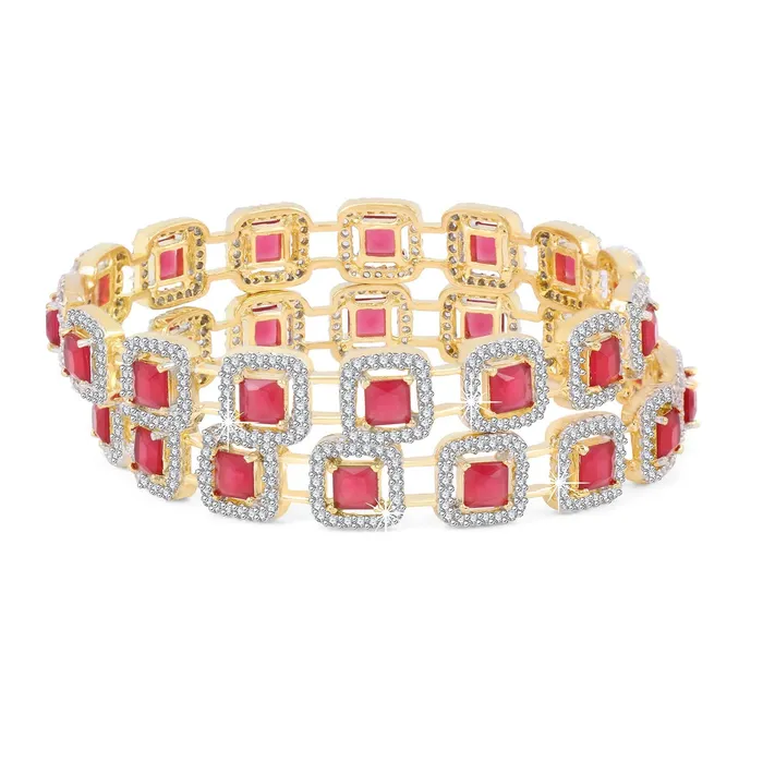 Yellow Chimes Necklaces Yellow Chimes Elegant Set of 2 Pcs Pink ADAmerican Diamond Studded 18k Gold Plated Handcrafted Ruby Bangles for Women Girls 28