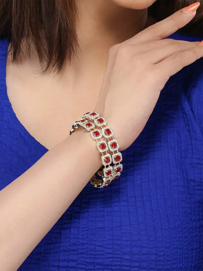 Yellow Chimes Necklaces Yellow Chimes Elegant Set of 2 Pcs Pink ADAmerican Diamond Studded 18k Gold Plated Handcrafted Ruby Bangles for Women Girls 28