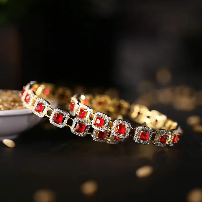 Yellow Chimes Necklaces Yellow Chimes Elegant Set of 2 Pcs Pink ADAmerican Diamond Studded 18k Gold Plated Handcrafted Ruby Bangles for Women Girls 28