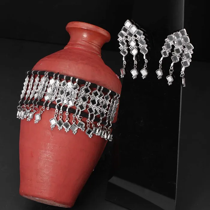 Yellow Chimes Necklaces Yellow Chimes Ethnic German Silver Oxidised Beads Threaded Jewellery Set Traditional Choker Necklace Set for Women and Girls