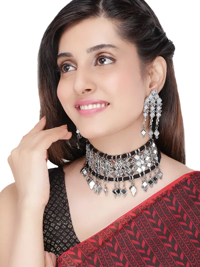Yellow Chimes Necklaces Yellow Chimes Ethnic German Silver Oxidised Beads Threaded Jewellery Set Traditional Choker Necklace Set for Women and Girls