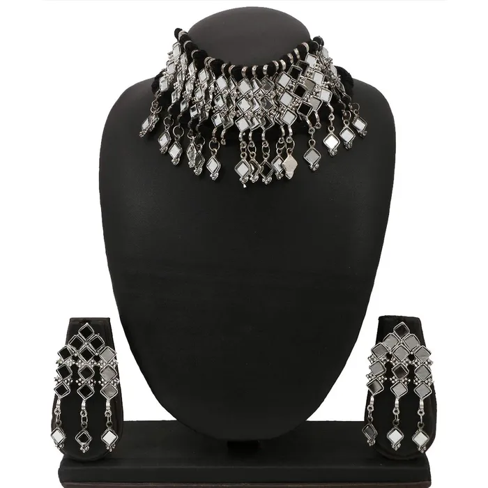 Yellow Chimes Necklaces Yellow Chimes Ethnic German Silver Oxidised Beads Threaded Jewellery Set Traditional Choker Necklace Set for Women and Girls