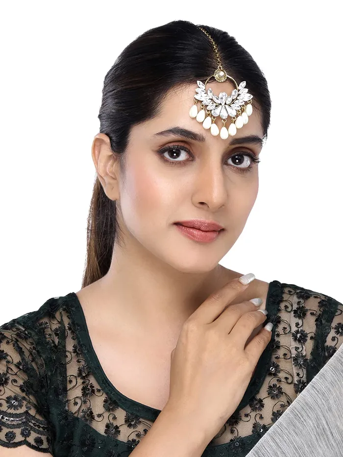 Yellow Chimes Necklaces Yellow Chimes Ethnic Gold Plated Traditional Studded White Kundan Pearl Maangtikka for Women and Girls Design 1
