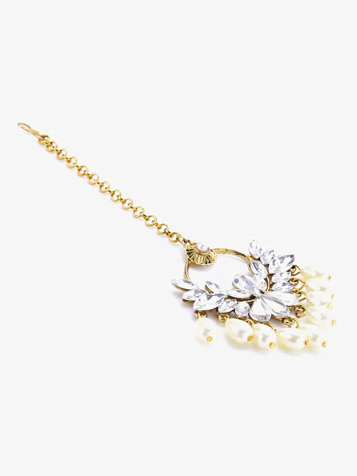 Yellow Chimes Necklaces Yellow Chimes Ethnic Gold Plated Traditional Studded White Kundan Pearl Maangtikka for Women and Girls Design 1