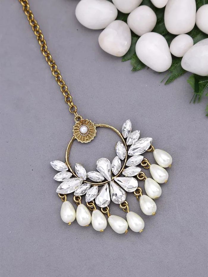 Yellow Chimes Necklaces Yellow Chimes Ethnic Gold Plated Traditional Studded White Kundan Pearl Maangtikka for Women and Girls Design 1