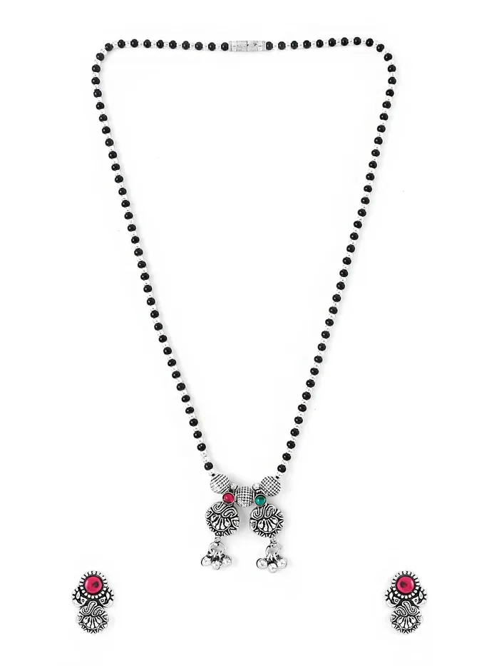 Yellow Chimes Necklaces Yellow Chimes Ethnic Mangalsutra For Women Oxidised Kolhapuri Maangalsutra Beaded Charm Maangalsutra with Earring Set For Women MS1