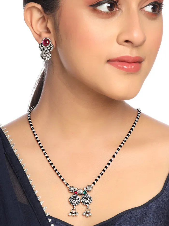 Yellow Chimes Necklaces Yellow Chimes Ethnic Mangalsutra For Women Oxidised Kolhapuri Maangalsutra Beaded Charm Maangalsutra with Earring Set For Women MS1