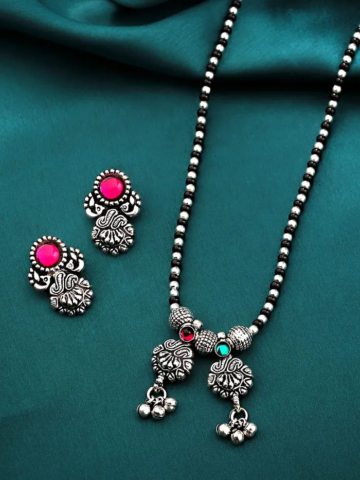 Yellow Chimes Necklaces Yellow Chimes Ethnic Mangalsutra For Women Oxidised Kolhapuri Maangalsutra Beaded Charm Maangalsutra with Earring Set For Women MS1