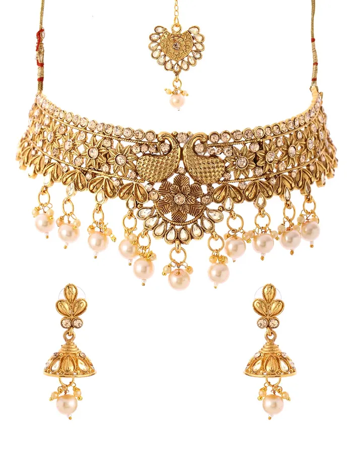 Yellow Chimes Necklaces Yellow Chimes Gold Plated OffWhite Beads New Luxury Design Choker Necklace Set With Maang Tikka For Women And Girls Yellow Chimes Necklaces Yellow Chimes Gold Plated OffWhite Beads New Luxury Design Choker Necklace Set With Maang Tikka For Women And Girls