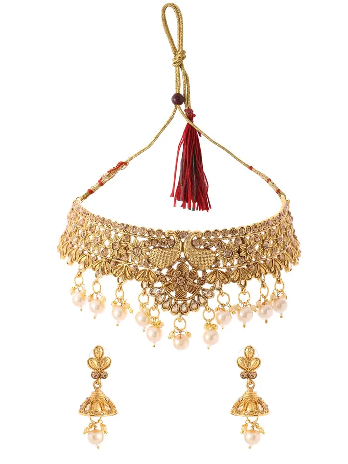 Yellow Chimes Necklaces Yellow Chimes Gold Plated OffWhite Beads New Luxury Design Choker Necklace Set With Maang Tikka For Women And Girls