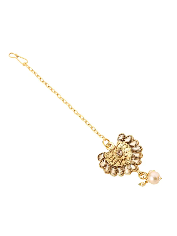 Yellow Chimes Necklaces Yellow Chimes Gold Plated OffWhite Beads New Luxury Design Choker Necklace Set With Maang Tikka For Women And Girls