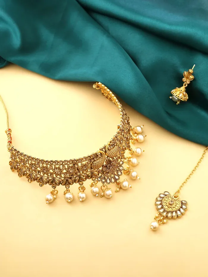 Yellow Chimes Necklaces Yellow Chimes Gold Plated OffWhite Beads New Luxury Design Choker Necklace Set With Maang Tikka For Women And Girls