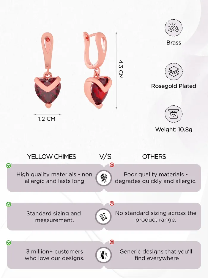 Yellow Chimes Necklaces Yellow Chimes Heart Shaped Crystal Drop Earrings For Women Fashion Women Earrings Rose Gold Plated Red Crystal Earrings For Girls Birthday Gift for Girls Anniversary Gift for Women