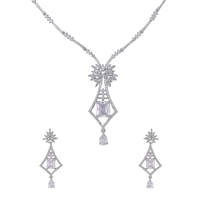 Yellow Chimes Necklaces Yellow Chimes Jewellery Set for Women and Girls American Diamond Jewellery Set Silver Tone Drop Designed White AD Necklace Set Birthday Gift for girls and women Anniversary Gift for Wife