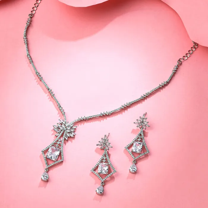 Yellow Chimes Necklaces Yellow Chimes Jewellery Set for Women and Girls American Diamond Jewellery Set Silver Tone Drop Designed White AD Necklace Set Birthday Gift for girls and women Anniversary Gift for Wife