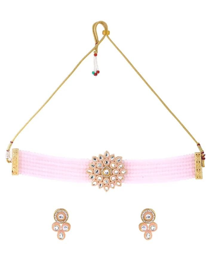 Yellow Chimes Necklaces Yellow Chimes Kundan Jewellery Set for Women Ethnic Artificial Beads Pink Floral Traditional Choker Necklace Set for Women and Girls