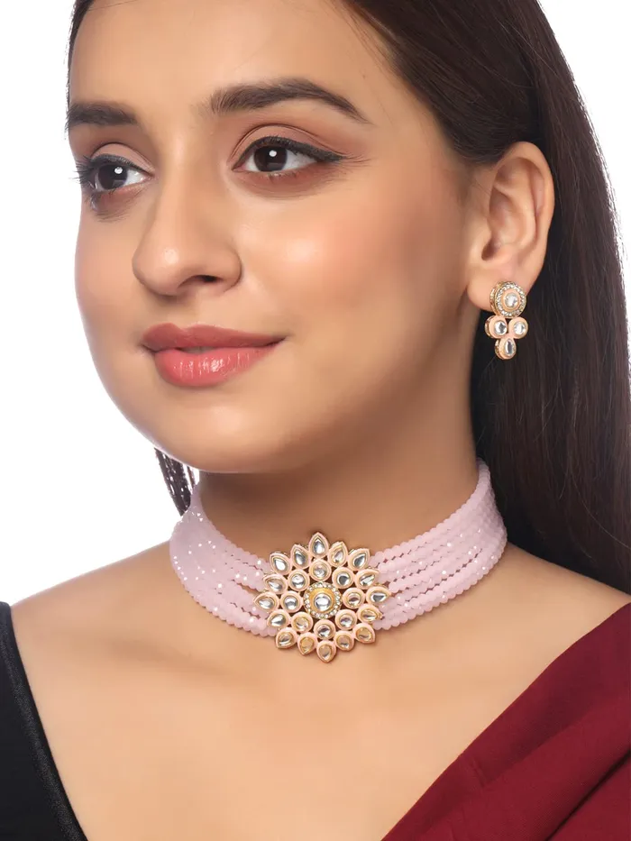 Yellow Chimes Necklaces Yellow Chimes Kundan Jewellery Set for Women Ethnic Artificial Beads Pink Floral Traditional Choker Necklace Set for Women and Girls