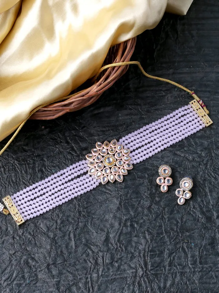 Yellow Chimes Necklaces Yellow Chimes Kundan Jewellery Set for Women Ethnic Artificial Beads Pink Floral Traditional Choker Necklace Set for Women and Girls