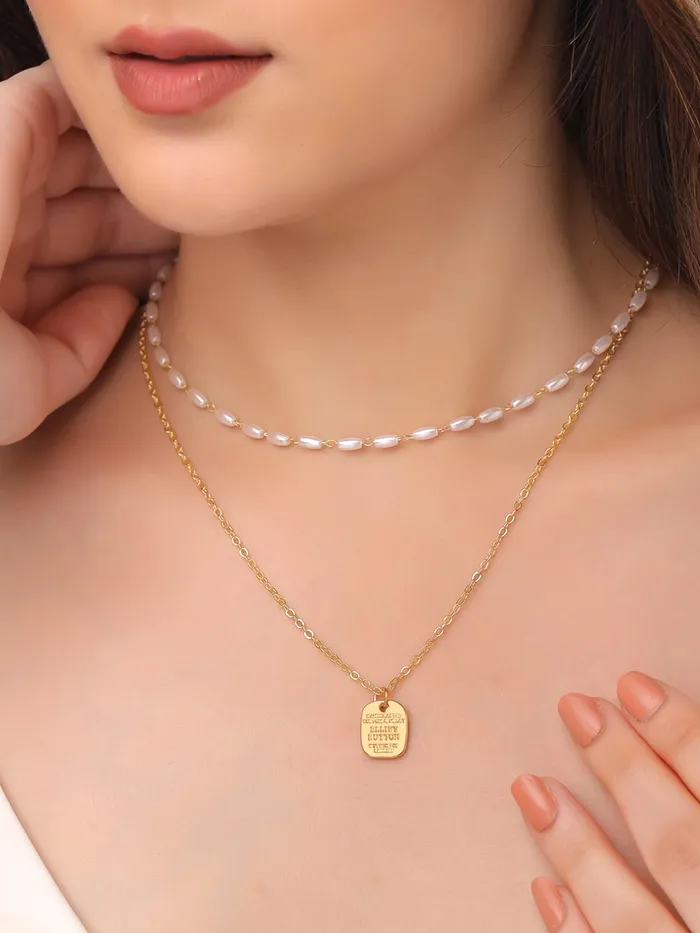 Yellow Chimes Necklaces Yellow Chimes Layered Pearl Necklace for Women Fashion Gold Plated Chain Pendant Necklace Multilayered Chain Necklace for Girls Glam Chains Birthday Anniversary Gift for Women Wife