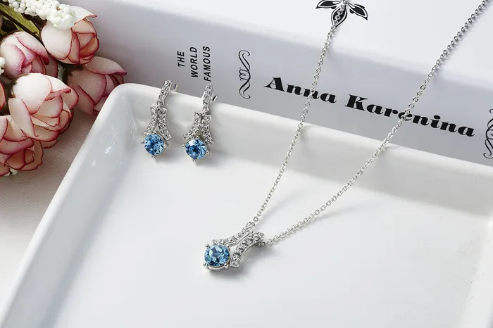 Yellow Chimes Necklaces Yellow Chimes Pendant Set for Women and Girls A5 High Grade Blue Crystal Pendant Set Silver Tone Chain Pendant With Earrings Set for Girls Birthday Gifts For Women