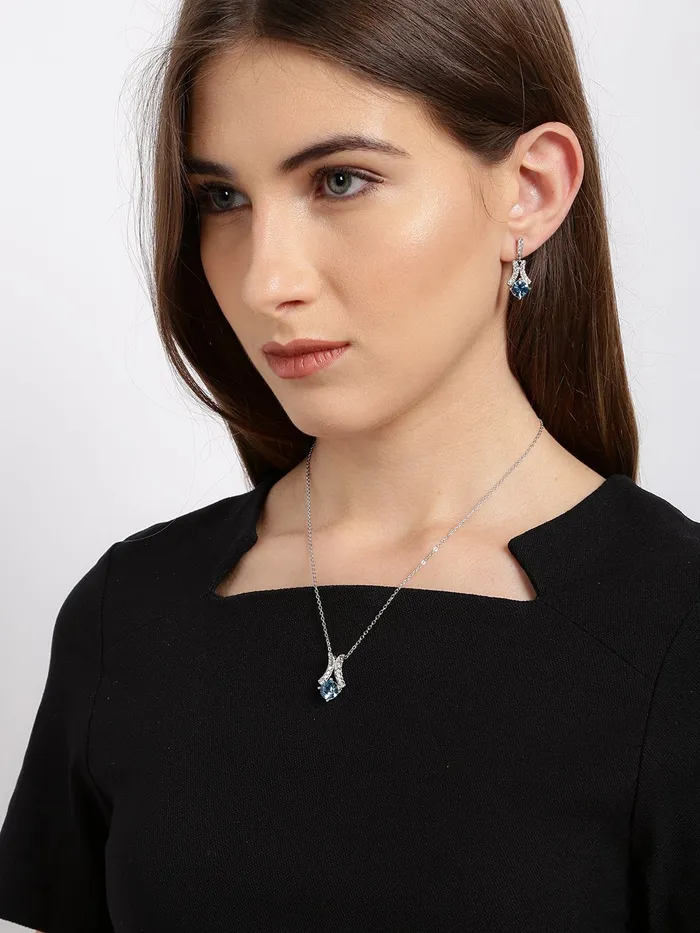 Yellow Chimes Necklaces Yellow Chimes Pendant Set for Women and Girls A5 High Grade Blue Crystal Pendant Set Silver Tone Chain Pendant With Earrings Set for Girls Birthday Gifts For Women