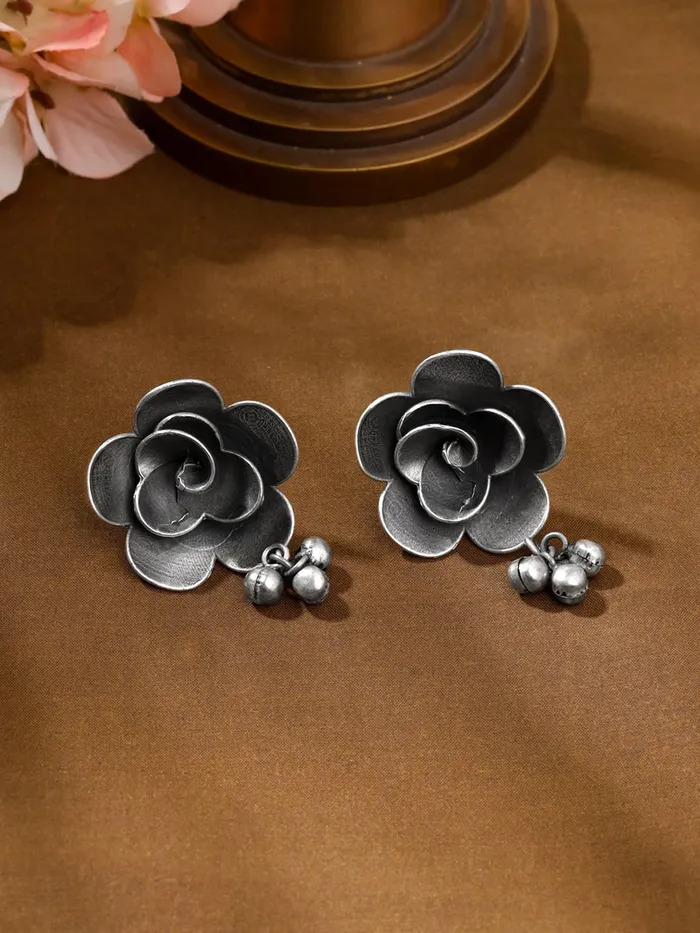 Yellow Chimes Necklaces Yellow Chimes Stud Earrings for Women Girls Silver Oxidised Studs Earrings Floral Shaped Traditional Silver Oxidised Plated Stud Earrings Birthday Gift For Girls Anniversary Gift for Wife