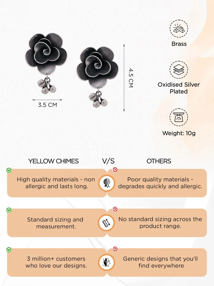 Yellow Chimes Necklaces Yellow Chimes Stud Earrings for Women Girls Silver Oxidised Studs Earrings Floral Shaped Traditional Silver Oxidised Plated Stud Earrings Birthday Gift For Girls Anniversary Gift for Wife