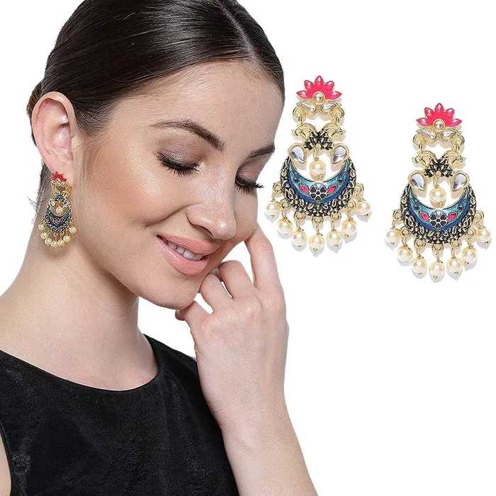 Yellow Chimes Necklaces Yellow Chimes Stylish Meenakari Hand Crafted Traditional Gold Plated and Pearl Chand Bali Earrings for Women Blue Pink YCTJERKLNGBL