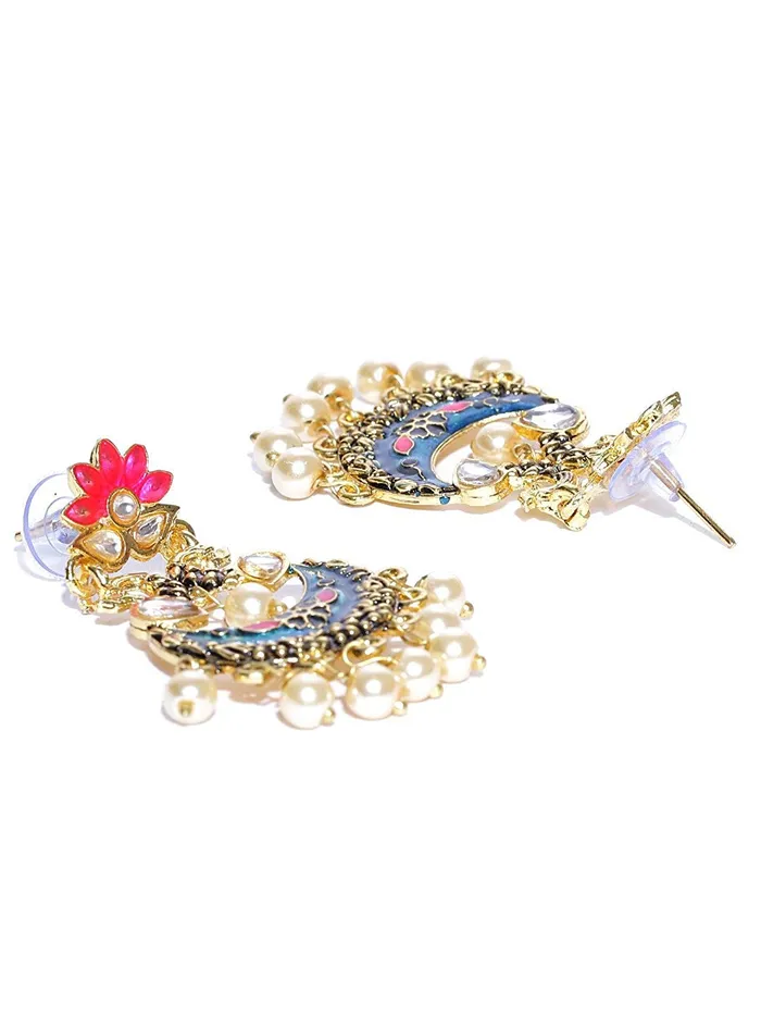 Yellow Chimes Necklaces Yellow Chimes Stylish Meenakari Hand Crafted Traditional Gold Plated and Pearl Chand Bali Earrings for Women Blue Pink YCTJERKLNGBL