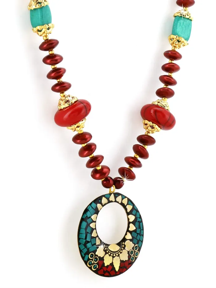 Yellow Chimes Necklaces Yellow Chimes Tibetan Laac Work Necklace with Earrings Tribal Beads Necklace Jewellery Set for Women and Girls