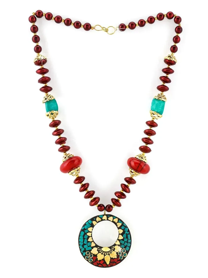 Yellow Chimes Necklaces Yellow Chimes Tibetan Laac Work Necklace with Earrings Tribal Beads Necklace Jewellery Set for Women and Girls