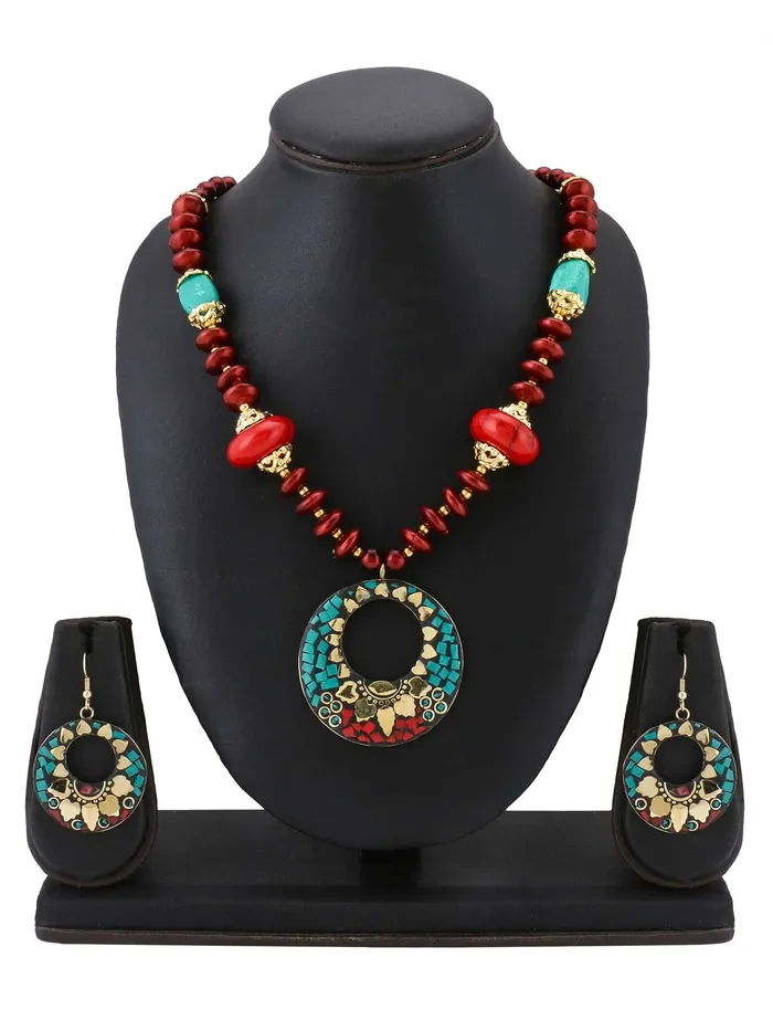 Yellow Chimes Necklaces Yellow Chimes Tibetan Laac Work Necklace with Earrings Tribal Beads Necklace Jewellery Set for Women and Girls