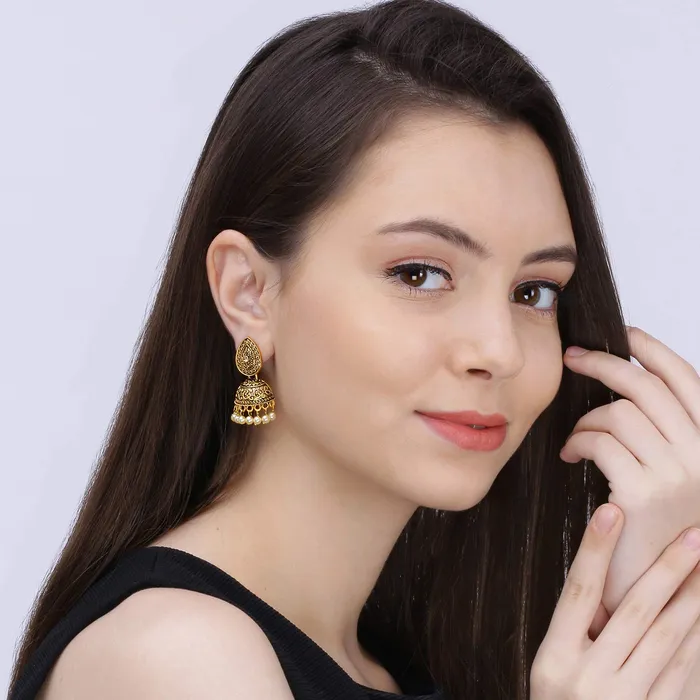 Yellow Chimes Necklaces Yellow Chimes Traditional JhumkaJhumki Earrings Temple Jewellery Antique Oxidized Matte Gold Plated Pearl Earrings for Womens Girls