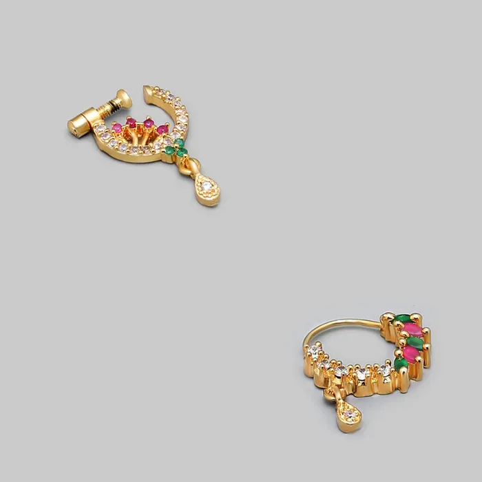 Yellow Chimes Nose Rings for Women Set of 2 Pcs Nosepins Traditional GoldPlated White Pink American Diamond Nose Pins for Women and Girls Yellow Chimes Rings