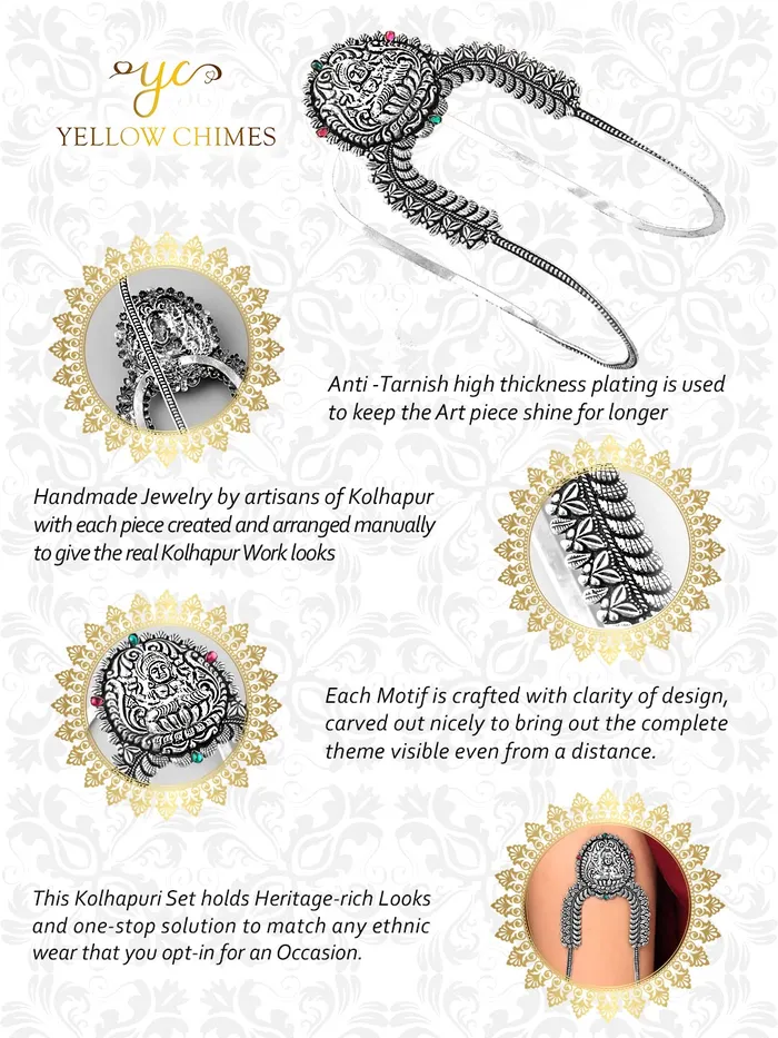 Yellow Chimes Oxidised Bajubandh for Women Silver Oxidised Armlets Authentic Kolhapuri Worked Bajubandh for Women and Girls Yellow Chimes Earrings