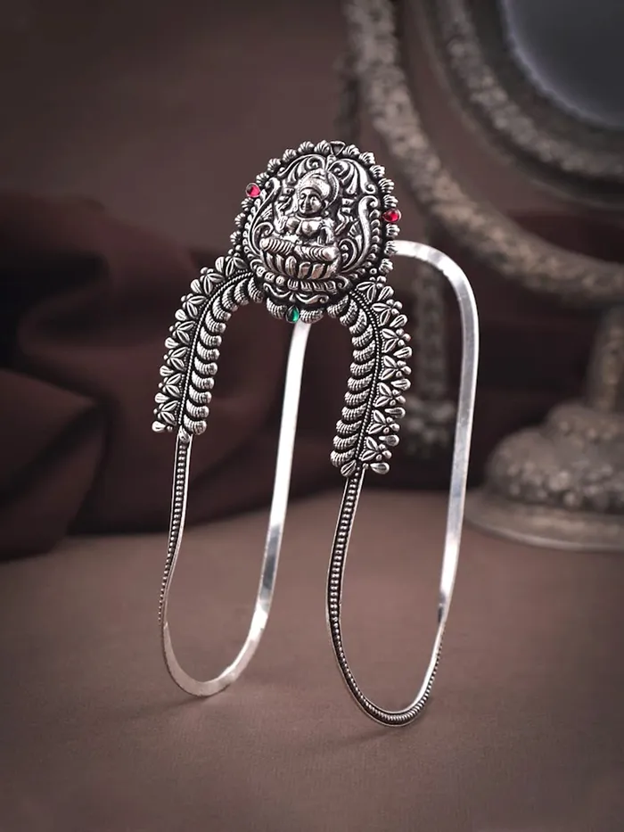 Yellow Chimes Oxidised Bajubandh for Women Silver Oxidised Armlets Authentic Kolhapuri Worked Bajubandh for Women and Girls Yellow Chimes Earrings