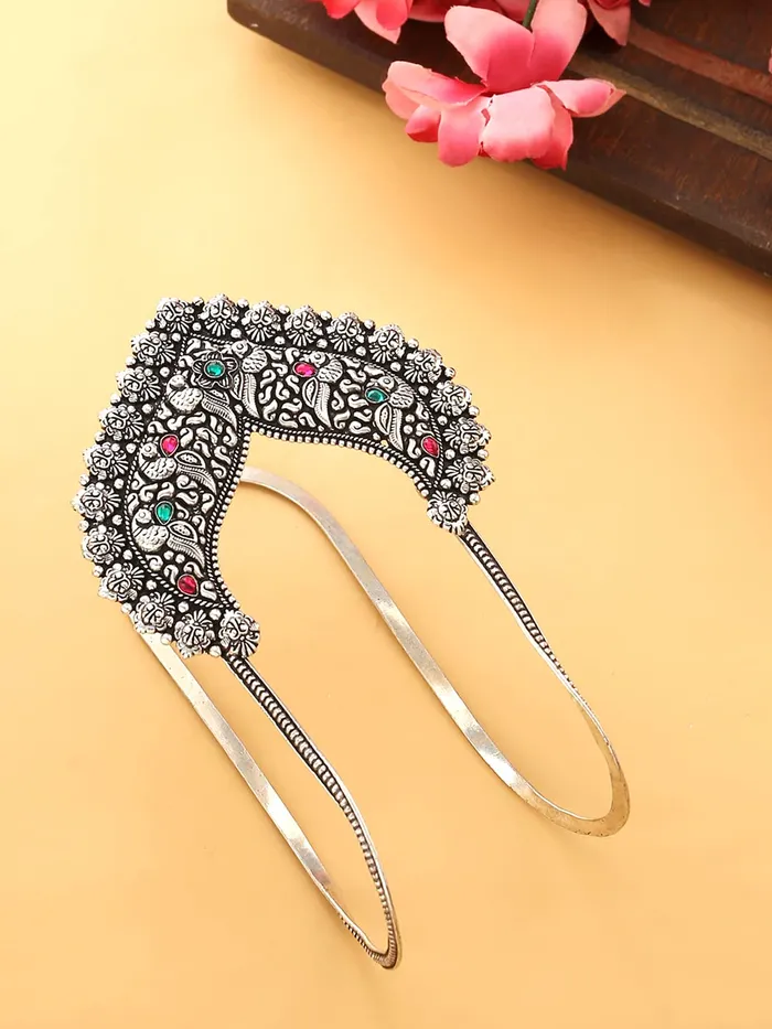 Yellow Chimes Oxidised Bajubandh for Women Silver Oxidised Armlets Authentic Kolhapuri Worked Bajubandh for Women and Girls Yellow Chimes Earrings