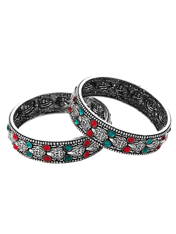Yellow Chimes Oxidised Bangles Set for Women Authentic Kolhapuri Work Handmade Kundan Studded Silver Oxidized Bangles Sets for Women and Girls Yellow Chimes Earrings