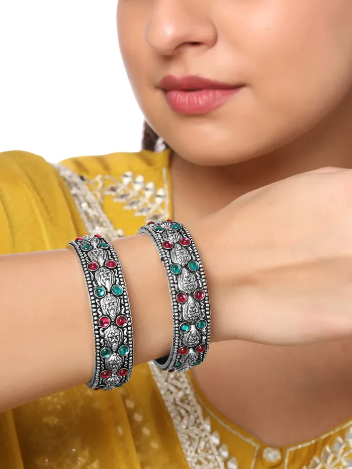 Yellow Chimes Oxidised Bangles Set for Women Authentic Kolhapuri Work Handmade Kundan Studded Silver Oxidized Bangles Sets for Women and Girls Yellow Chimes Earrings