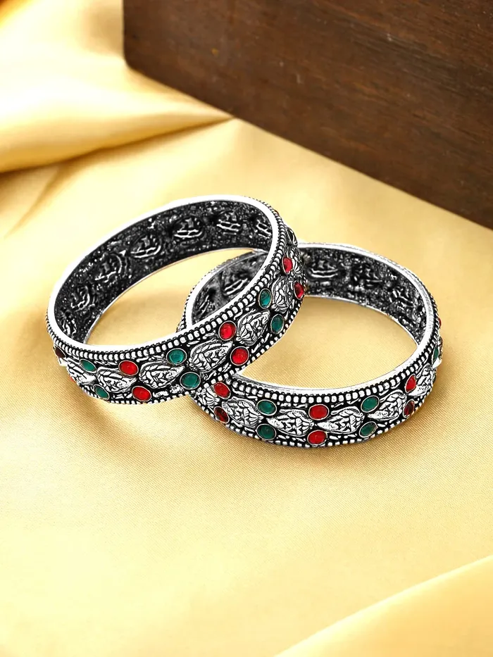 Yellow Chimes Oxidised Bangles Set for Women Authentic Kolhapuri Work Handmade Kundan Studded Silver Oxidized Bangles Sets for Women and Girls Yellow Chimes Earrings