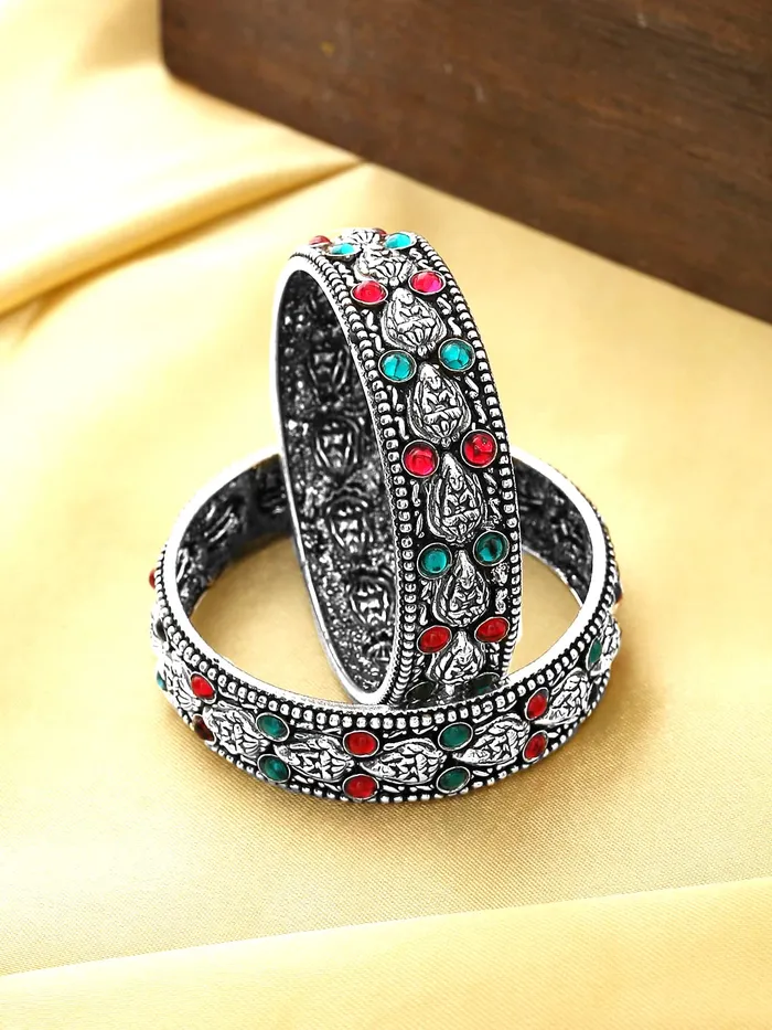 Yellow Chimes Oxidised Bangles Set for Women Authentic Kolhapuri Work Handmade Kundan Studded Silver Oxidized Bangles Sets for Women and Girls Yellow Chimes Earrings