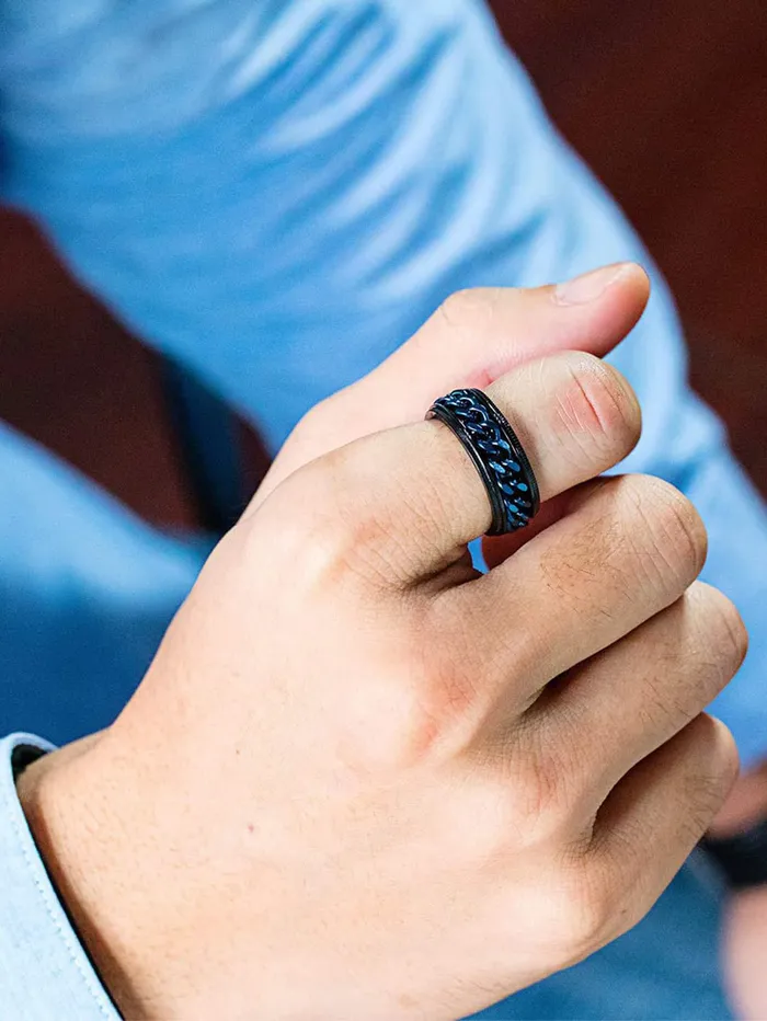 Yellow Chimes Rings for Men Chain Ring Tough Dude Blue Chain Stainless Steel Black Ring for Men and Boys Yellow Chimes Necklaces