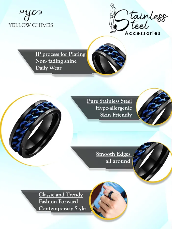 Yellow Chimes Rings for Men Chain Ring Tough Dude Blue Chain Stainless Steel Black Ring for Men and Boys Yellow Chimes Necklaces