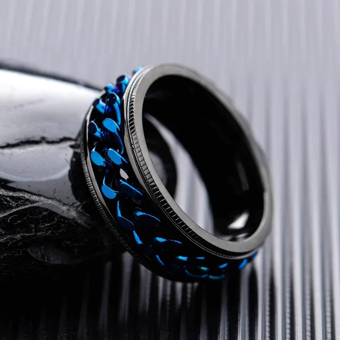 Yellow Chimes Rings for Men Chain Ring Tough Dude Blue Chain Stainless Steel Black Ring for Men and Boys Yellow Chimes Necklaces