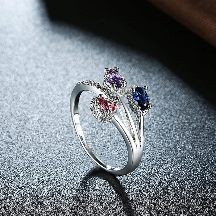 Yellow Chimes Rings for Women Silver toned Crystal Three Leaves Classic Designed Platinum Plated Ring for Women and Girls Yellow Chimes Rings